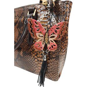 Orange Handpainted Wooden Butterfly Purse Leather Tassel Stone Beaded Leather